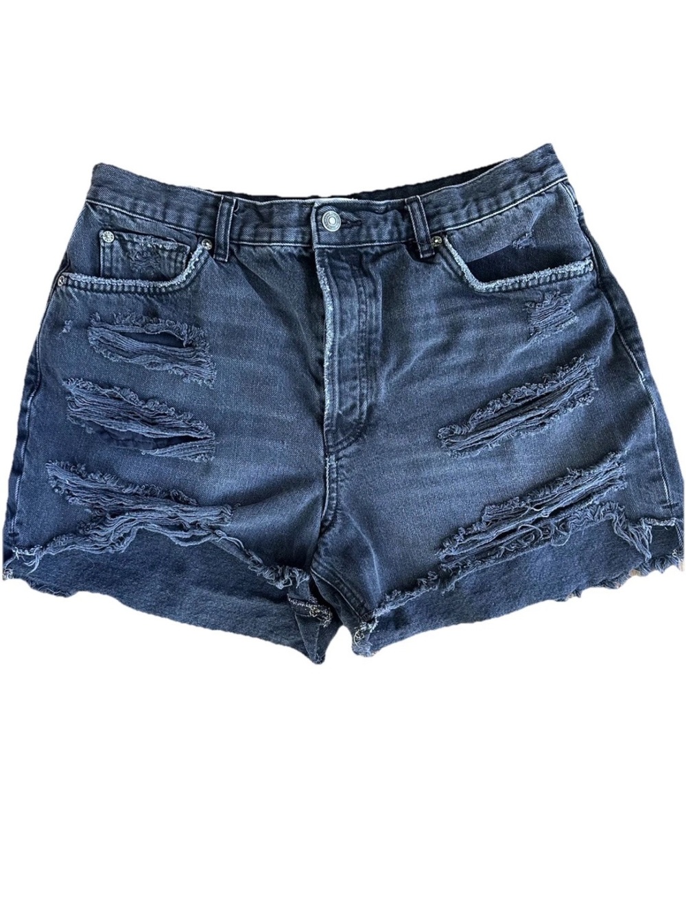 Free People We The Free Faded Black Denim Jean Shorts Button Fly Distressed, 31